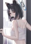  1girl absurdres animal animal_ear_fluff animal_ears black_eyes black_hair blue_archive blue_halo blush breasts camisole cat_ears fish halo highres kikyou_(blue_archive) looking_at_viewer medium_breasts raki_kr short_hair solo upper_body white_camisole 