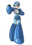  1boy absurdres arm_cannon armor blue_armor blue_footwear blue_helmet energy_gun forehead_jewel full_body green_eyes helmet highres kakikuyeko3181 male_focus mega_man_(series) mega_man_x_(series) simple_background solo weapon white_background x_(mega_man) x_buster 