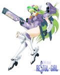  1girl artist_request character_name cosplay floating_hair green_hair gun holding holding_gun holding_weapon korean_commentary looking_down mecha_musume mia_lilienthal newtype official_art purple_hair restol_machine_4 restol_machine_4_(cosplay) restol_special_rescue_squad solo third-party_source visor weapon white_background 