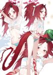  1girl absurdres bikini blue_archive breasts dragon_tail eyeliner halo highres horns long_hair looking_at_viewer makeup multiple_views open_mouth parted_bangs ponytail red_eyes red_hair renge_(blue_archive) shirt single_horn small_breasts smile swimsuit tail wet white_shirt yanyo_(ogino_atsuki) 
