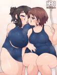  2girls artist_name blue_one-piece_swimsuit blurry blurry_background blush breasts brown_hair collarbone commentary_request commission covered_navel covered_nipples fat feet_out_of_frame hair_between_eyes hair_over_eyes hair_over_shoulder hand_on_another&#039;s_arm heo_(tkgm) highres huge_breasts kiss kneeling medium_hair multiple_girls one-piece_swimsuit open_mouth original pink_eyes second-party_source sitting skeb_commission sweat swimsuit thick_arms thick_thighs thighs translated yellow_eyes yuri 