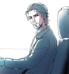  1boy chair dirge_of_cerberus_final_fantasy_vii dress_shirt facial_hair facing_to_the_side final_fantasy final_fantasy_vii from_side hair_slicked_back hands_on_table highres jacket limited_palette male_focus necktie niwawaka reeve_tuesti shirt short_hair simple_background sitting solo suit suit_jacket table upper_body white_background 