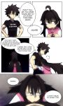  1boy 1girl ahoge black_hair black_shirt blue_eyes closed_eyes collarbone english_text fate/grand_order fate_(series) father_and_daughter fujimaru_myriam fujimaru_ritsuka_(male) highres hood hoodie hug if_they_mated lazyartlazy12 muscular muscular_male original shirt 