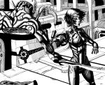  1girl android battle blade blame! closed_mouth crack facial_mark greyscale gun hatching_(texture) highres looking_at_another monochrome monster nonneim pipe robot rust sanakan science_fiction scratches short_hair spikes standing weapon 