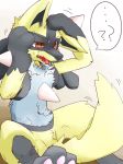  ? anthro black_body black_fur bodily_fluids brown_eyes canid canine cheek_tuft chest_spike chest_tuft confusion facial_tuft fangs fur hand_on_head hand_spike implied_transformation inner_ear_fluff lucario male mammal nintendo open_mouth pawpads pink_pawpads pok&eacute;mon pok&eacute;mon_(species) shiny_pok&eacute;mon sitting solo species_transformation spikes spikes_(anatomy) sweat sweatdrop tongue transformation tuft video_games yellow_body yellow_fur じゅうっとん 