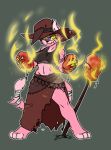  anthro bandage boxing_gloves breasts claws clothed clothing female fire fluffy fluffy_tail handwear hat headgear headwear hi_res hijackerdraws_(artist) magic magic_user muscular muscular_anthro muscular_female simple_background smile solo stick witch yellow_eyes 
