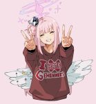  absurdres baggy_clothes blue_archive brown_shirt double_v feathered_wings flower hair_bun hair_flower hair_ornament halo highres long_hair low_wings masruu mika_(blue_archive) pink_hair pink_halo racism shirt simple_background single_side_bun smile teeth v wing_ornament wings 