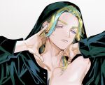  0_knya 1boy adam&#039;s_apple black_hoodie blonde_hair blue_hair collarbone commentary commentary_request haitani_rindou hands_on_own_neck head_tilt highres hood hooded_jacket hoodie jacket looking_down male_focus medium_hair multicolored_hair open_clothes open_jacket parted_lips pectoral_cleavage pectorals portrait purple_eyes simple_background solo tokyo_revengers 