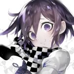  1boy arm_belt belt black_scarf chain checkered_clothes checkered_scarf closed_mouth commentary_request danganronpa_(series) danganronpa_v3:_killing_harmony dated hair_between_eyes head_tilt jacket light_blush light_particles long_sleeves male_focus nervous_smile oma_kokichi purple_eyes purple_hair scarf short_hair signature simple_background smile solo sweatdrop two-tone_scarf u_u_ki_u_u upper_body white_background white_belt white_jacket white_scarf white_sleeves wide-eyed 