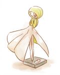  colored_skin dress gardevoir green_hair hair_over_one_eye inumura_(inu_noya) lowres multicolored_skin own_hands_together pink_eyes pokemon pokemon_(creature) simple_background two-tone_skin weighing_scale weight_conscious white_background white_dress white_skin 