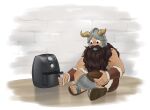  1boy air_fryer beard cooking crossed_legs dungeon_meshi dwarf facial_hair fake_horns full_body helmet highres horned_helmet horns long_beard male_focus sanpaku senshi_(dungeon_meshi) sitting solo thick_mustache valentingaio very_long_beard 