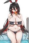  1girl absurdres animal_ear_fluff animal_ears arm_support bare_arms bare_shoulders bikini black_bikini black_choker black_hair blush breasts carrot choker cleavage colored_inner_hair commentary_request commission eyepatch_bikini food_in_mouth gompang_11 highres holding holding_carrot korean_commentary large_breasts looking_at_viewer low_twintails mole mole_on_breast mole_under_eye multicolored_hair navel original pointy_ears polka_dot polka_dot_bikini pool poolside rabbit_ears rabbit_girl red_eyes red_hair side-tie_bikini_bottom simple_background sitting skindentation solo stomach swimsuit twintails white_background 