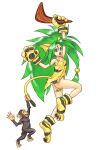  1girl animal_ears animal_hands animal_print arms_up big_hair boomerang cat_ears cham_cham choker claws full_body gloves green_eyes green_hair highres holding holding_weapon long_hair monkey no_panties non-web_source official_art open_mouth paku_paku paw_gloves paw_shoes shirt simple_background snk tail tail_grab tiger_ears tiger_girl tiger_paws tiger_stripes tiger_tail torn_clothes torn_shirt weapon white_background yellow_choker 