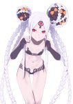  1girl abigail_williams_(fate/grand_order) abigail_williams_(swimsuit_foreigner)_(fate) bangs bare_shoulders bikini black_bikini black_bow bow breasts collarbone double_bun fate/grand_order fate_(series) forehead hat highres jilu keyhole leaning_forward long_hair looking_at_viewer micro_bikini multiple_bows navel orange_bow parted_bangs pink_eyes sidelocks simple_background slit_pupils small_breasts smile swimsuit thighs third_eye very_long_hair white_background white_hair white_skin 
