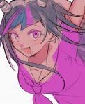  1girl :d amam0_0iii arm_up black_hair danganronpa_(series) danganronpa_2:_goodbye_despair green_hair grey_background hair_horns mouth_piercing multicolored_hair neckerchief pink_eyes pink_hair pink_neckerchief sailor_collar short_sleeves simple_background smile solo tsumiki_mikan upper_body white_hair 