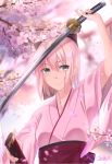  1girl ahoge alternate_eye_color bangs black_bow bow breasts eyebrows_visible_through_hair fate_(series) green_eyes hair_between_eyes hair_bow holding holding_weapon icelernd japanese_clothes kimono looking_at_viewer okita_souji_(fate)_(all) sheath short_hair smile solo sword weapon 