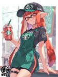  1girl apron artist_logo artist_name baseball_cap bike_shorts black_hat black_shirt black_shorts coffee_cup cup disposable_cup green_apron green_hat hat inkling inkling_girl inkling_player_character long_hair looking_at_viewer orange_eyes orange_hair pointy_ears print_apron print_headwear roki_sacra shirt short_sleeves shorts smile solo splatoon_(series) starbucks tentacle_hair two-tone_hat 