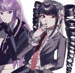  2girls amam0_0iii arm_behind_back black_gloves black_hair black_jacket black_nails black_skirt bow braid celestia_ludenberg center_frills collared_shirt danganronpa:_trigger_happy_havoc danganronpa_(series) drill_hair earrings frills gloves grey_background grey_shirt hair_bow headdress highres jacket jewelry kirigiri_kyoko long_hair long_sleeves multiple_girls nail_polish necktie open_clothes open_jacket print_necktie purple_eyes purple_hair red_eyes red_necktie shirt side_braid simple_background skirt smile twin_drills twintails upper_body 