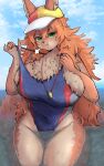 absurd_res anthro big_breasts blush breasts canid canine canis clothed clothing female female_anthro fur green_eyes hair hat headgear headwear hi_res huge_breasts kemono long_hair mammal one-piece_swimsuit ookami-chan_(suurin_2) partially_submerged skylinerpl solo swimwear tail thick_thighs whistle_(object) wide_hips wolf