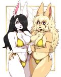 2024 absurd_res anthro armlet big_breasts bikini black_hair blonde_hair blue_eyes bracelet breast_squish breasts breasts_frottage chest_tuft choker clothing collarbone crotch_tuft duo ear_piercing ear_ring eyebrows eyelashes female fur gold_bikini hair hair_over_eye hand_on_hip hi_res jewelry lagomorph leporid long_hair looking_at_viewer mammal navel navel_piercing necklace one_eye_obstructed piercing rabbit ravagaard red_eyes ring_piercing side-tie_bikini squish string_bikini swimwear tan_body tan_fur tessa_(ravagaard) tuft white_body white_fur