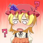  1girl :o ? aki_minoriko bangs blonde_hair blush cato_(monocatienus) chibi commentary eyebrows_visible_through_hair food fruit grapes hair_between_eyes hat mob_cap neck_ribbon o_o outline puffy_sleeves red_headwear ribbon short_hair simple_background solo sweat touhou upper_body white_outline 