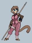  anthro blue_eyes breasts brown_body brown_fur clothed clothing female fluffy fluffy_tail fur haplorhine hijackerdraws_(artist) holding_object holding_weapon mammal monkey primate simple_background solo stick weapon 