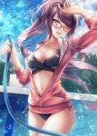  1girl :d absurdres arm_up bangs bikini black_bikini blue_sky breasts brown_hair bush cleavage cloud collarbone commentary_request cowboy_shot day empty_pool eyebrows_visible_through_hair glasses gundou_mirei highres holding_hose hose jacket long_hair medium_breasts navel nijisanji one_eye_closed open_clothes open_jacket open_mouth outdoors pool rai_(newtype_xm-x1) red-framed_eyewear red_eyes sky smile solo standing swept_bangs swimsuit thighs unzipped upper_teeth virtual_youtuber wet 