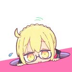  1girl artoria_pendragon_(fate) black-framed_eyewear black_jacket blonde_hair blush braid chibi commentary_request fate/grand_order fate_(series) glasses hair_between_eyes jacket kasuga_yuuki looking_at_viewer mysterious_heroine_x_alter_(fate) open_mouth peeking_out portrait semi-rimless_eyewear simple_background solo under-rim_eyewear white_background yellow_eyes 