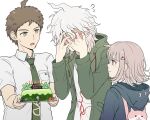  1girl 2boys ahoge animal_bag black_jacket breast_pocket brown_hair cake candle cat_bag closed_mouth collared_shirt d: danganronpa_(series) danganronpa_2:_goodbye_despair flying_sweatdrops food foreshortening galaga green_jacket green_necktie grey_hair grey_shirt hair_ornament highres hinata_hajime holding holding_cake holding_food holding_plate hood hood_down jacket kmnm_1403 komaeda_nagito medium_hair messy_hair multiple_boys nanami_chiaki necktie pink_bag plate pocket print_shirt shirt simple_background smile sweatdrop upper_body white_background white_shirt 