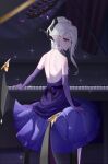  1girl absurdres bare_back bare_shoulders bfs1557897975 blue_archive blurry commentary_request dangle_earrings demon_girl demon_horns demon_wings depth_of_field dress earrings elbow_gloves evening_gown from_behind gloves grand_piano halo head_tilt highres hina_(blue_archive) hina_(dress)_(blue_archive) horns instrument jewelry long_hair looking_at_viewer looking_back necklace official_alternate_costume official_alternate_hairstyle on_bench parted_bangs pearl_necklace piano piano_bench piano_keys ponytail print_dress purple_dress purple_eyes purple_gloves shoulder_blades sidelocks sitting solo strapless strapless_dress wavy_hair white_hair wings 