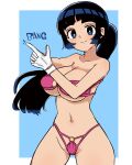  1girl bikini black_eyes black_hair blue_background blue_eyes breasts choujun!_choujou_senpai finger_gun gloves gradient_eyes gradient_hair highres ippongi_nao large_breasts long_hair migi_(wcfh8838) multicolored_eyes multicolored_hair navel o-ring own_hands_together pink_bikini ponytail smile solo standing swimsuit very_long_hair white_gloves 