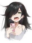  1girl bags_under_eyes black_hair cellphone danraz0r green_eyes highres holding holding_phone kuroki_tomoko long_hair messy_hair open_mouth phone selfie smartphone solo watashi_ga_motenai_no_wa_dou_kangaetemo_omaera_ga_warui! 