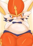  absurd_res ambiguous_gender anthro cinderace featureless_crotch flat_chested fur hi_res lagomorph leporid looking_down mammal nintendo orange_eyes pok&eacute;mon pok&eacute;mon_(species) rabbit simple_background slightly_chubby solo thick_thighs type video_games white_body white_fur 