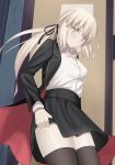  1girl absurdres artoria_pendragon_(fate) black_jacket black_skirt blonde_hair breasts fate/grand_order fate_(series) hair_ribbon highres jacket long_hair long_sleeves longdq3008 looking_at_viewer low_ponytail medium_breasts open_clothes open_jacket ribbon saber_alter sidelocks skirt solo thighhighs thighs yellow_eyes 