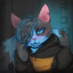  1:1 2020 absurd_res anthro biped blue_body blue_eyes blue_fur blush clothed clothing digital_media_(artwork) domestic_cat drap eyelashes felid feline felis fluffy fluffy_tail front_view fur grey_body grey_fur hair hi_res hoodie japanese_text kaefertaxi long_tail looking_at_viewer male mammal multicolored_body notched_ear portrait signature simple_background solo text topwear translation_request whiskers 