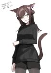  1girl :o animal_ear_fluff animal_ears arm_under_breasts black_shorts black_sweater breasts brown_hair brown_pantyhose cat_ears cat_girl cat_tail chihuri cowboy_shot double_bun facial_mark fang final_fantasy final_fantasy_xiv flower hair_bun hair_flower hair_ornament hair_over_one_eye highres long_hair long_sleeves medium_breasts miqo&#039;te open_mouth pantyhose pantyhose_under_shorts pink_flower puffy_long_sleeves puffy_sleeves ribbed_sweater short_shorts shorts simple_background solo standing sweater tail translation_request warrior_of_light_(ff14) whisker_markings white_background yellow_eyes 