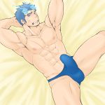  1boy abs bara blue_fire blue_hair blush bulge chest erection erection_under_clothes fire highres looking_at_viewer male_focus muscle pectorals porkjinta scar solo tearing_up thick_eyebrows toji_(tokyo_houkago_summoners) tokyo_houkago_summoners upper_body 