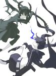  2girls belt black_dress black_footwear black_hair black_horns black_jacket black_rock_shooter black_rock_shooter_(character) black_shorts black_wings boots dead_master dress flaming_eye gloves green_eyes highres horns jacket kuthi0510 long_hair medium_hair multiple_girls pale_skin scythe shorts skeletal_wings twintails white_background wings 