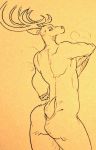  2020 anthro antlers beastars bodily_fluids butt cervid cervine clothing fur horn looking_back louis_(beastars) male mammal monochrome nude rear_view red_deer solo sweat undressing wuffinarts 