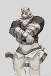  1boy animal_ears arknights bara black_shirt bulge chinese_commentary closed_eyes clothes_lift commentary_request cross_scar furry furry_male grey_background male_focus male_underwear mountain_(arknights) multiple_scars muscular muscular_male pants scar scar_across_eye scar_on_arm scar_on_leg scar_on_stomach shirt shirt_lift tail tiger_boy tiger_ears tiger_stripes tiger_tail underwear undressing unzipped weibo_logo weibo_watermark white_male_underwear white_pants zhengshizi 