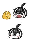  1girl aged_down ahoge alcyone_(last_origin) black_hair blush_stickers chibi fang food fruit head_only highres last_origin lemon lemon_slice multicolored_hair open_mouth short_hair simple_background skin_fang sour_(taste) two-tone_hair waterbear white_hair 