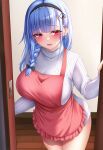  1girl absurdres anchor_earrings apron azur_lane black_hairband blue_hair blush braid breasts dangle_earrings dido_(azur_lane) doorway earrings hairband highres huge_breasts jewelry long_hair long_sleeves looking_at_viewer open_mouth pink_eyes pov pov_doorway red_apron ribbed_sweater smile solo sweater taut_clothes urarasy white_sweater wooden_floor 