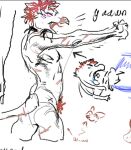 anthro catheadyy cavemanon_studios colored_sketch dinosaur dromaeosaurid english_text goodbye_volcano_high hair kissing male markings nude open_mouth pubes red_hair reed_(gvh) reptile scalie short_hair sketch snoot_game stretching text theropod tongue tongue_out velociraptor yawn