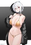  1girl absurdres bikini black_coat border breasts character_request cleavage coat collar collarbone copyright_request gold_bikini grey_background highres mare_funo metal_collar navel off_shoulder open_clothes red_eyes short_hair solo swimsuit twitter_username white_border white_hair 