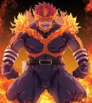  1boy abs bara beard blue_eyes bodysuit boku_no_hero_academia bulge chest covered_abs f-una facial_hair fire highres male_focus manly muscle mustache pectorals red_hair spiked_hair thick_thighs thighs todoroki_enji upper_body 