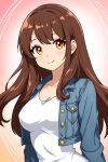  ai-generated breasts brown_hair closed_mouth dress jacket long_hair long_sleeves looking_at_viewer medium_breasts non-web_source orange_eyes original upper_body white_dress 