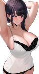  1girl absurdres armpits arms_behind_head black_hair blunt_bangs breasts bright_pupils camisole cleavage collarbone edmun6969 english_commentary highres huge_breasts long_hair looking_at_viewer mato_seihei_no_slave parted_lips purple_eyes smile solo sweat twitter_username white_camisole white_pupils yamashiro_ren 