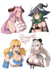  4girls absurdres bare_shoulders black_hat blonde_hair blue_eyes breasts character_request cleavage commentary copyright_request cropped_torso deliciousbrain detached_sleeves drag-on_dragoon drag-on_dragoon_3 fairy_tail granblue_fantasy green_eyes green_hair hat highres horns horns_through_headwear long_hair looking_at_viewer lucy_heartfilia multiple_girls narmaya_(granblue_fantasy) parted_lips pink_hair pointy_ears purple_eyes sideboob smile twintails unicorn_overlord very_long_hair white_hair witch_hat yahna_(unicorn_overlord) zero_(drag-on_dragoon) 