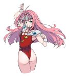  1girl ass commentary_request cropped_legs green_eyes hair_intakes highres leotard long_hair looking_at_viewer looking_back macross macross_7 mylene_jenius pink_hair red_leotard shouji_nigou simple_background smile solo white_background white_wristband 