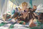  abs aventurine_(honkai:_star_rail) barefoot bed cat feet highres honkai_(series) open_clothes open_shirt pajamas pectorals yaoyaobae 